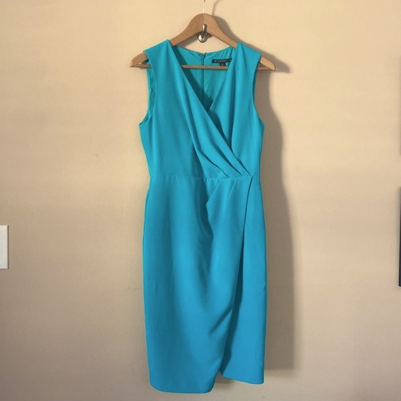 Black Halo Nora Blue Faux Wrap Sleeveless V-Neck Sheath Dress - Picture 4 of 10